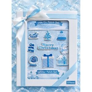 9‎ Piece Winter Iron On Patches Set Xmas Blue White Embroidered Applique